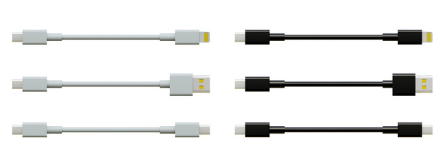 Fototapeta premium Set of black and white usb, type c, type c lightning and micro usb charge cable on isolated background. Charging cables of smartphone.