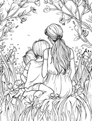 Obraz premium cartoon, illustration, vector, coloring, woman, coloring book, drawing, child, fairytale, love, people, cat, animal, family, children, outline, sketch, mother, art, fairy tale, baby, toy, comic, funny