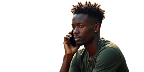 Young Black man talking on mobile phone with a thoughtful expression  