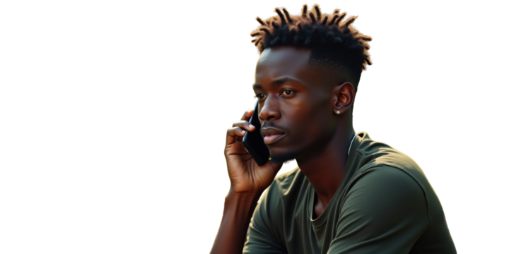 Young Black man talking on mobile phone with a thoughtful expression