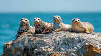 Four Spotted Seals Resting on a Coastal Rock in Bright Sunlight