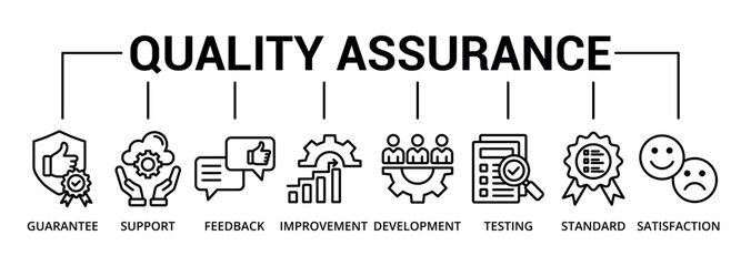 Quality assurance banner icon with guarantee, support, feedback, improvement, development, testing, standard, satisfaction