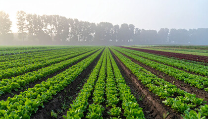 Obraz premium the image displays rows of leafy green crops stretching towards a line of trees in the distance, all under a slightly hazy sky. the crops are planted in neat rows, separated by dark soil