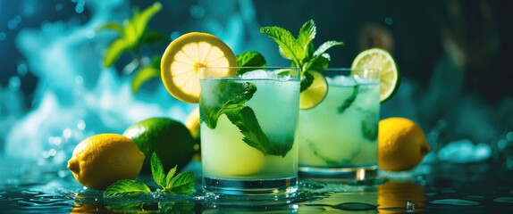Cocktail With Lemon, Lime And Mint. Featuring space for text.