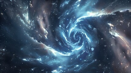 A swirling vortex of dark matter in deep space, with stars being distorted around it.