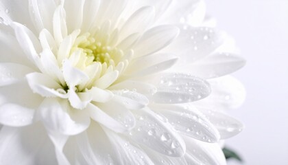 Obraz premium beautiful white chrysanthemum with dewdrops sticking to the flower on a white background. natural texture with sharp and rough edges in a minimalist layout, minimal background