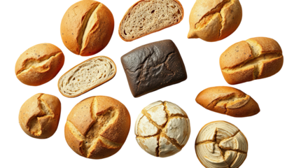 Assorted bread rolls and loaves arranged on a white background  