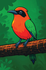 Adobe Illustrator Artwork Vivid Red and Green Songbird on a Forest Branch – Stylized Digital Artwork