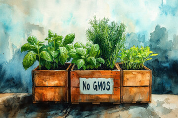 Box filled with herbs in a painting.