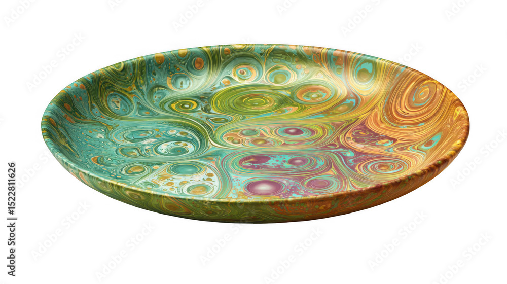 Poster empty plate with a colorful swirling pattern is displayed against a transparent background, showcasi