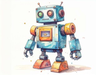 Adorable Vintage Robot Watercolor Illustration Childrens Toy Retro Futuristic Machine