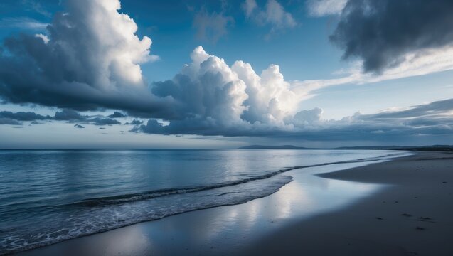 Coastal landscape with calm waters touching the sand, under a blue sky marked by white and gray clouds, creating a dramatic contrast. Wide view of the beach and ocean with copy space for text