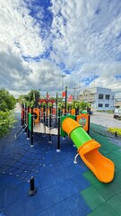 Slider bar toy outdoor playground, exercise of motor development. Outdoors, development and portrait of kids for playing, freedom and summer adventure with smile.