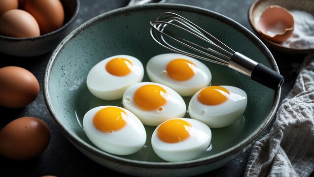 A dish containing six white eggs accompanied by a whisk
