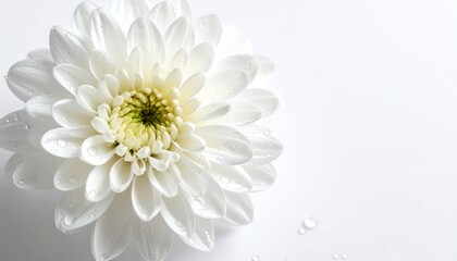 beautiful white chrysanthemum with dewdrops sticking to the flower on a white background. natural texture with sharp and rough edges in a minimalist layout, minimal background