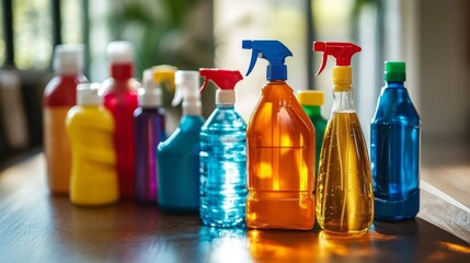 Collection of empty and full bottles in diverse colors arranged neatly on a wooden table indoors during daylight