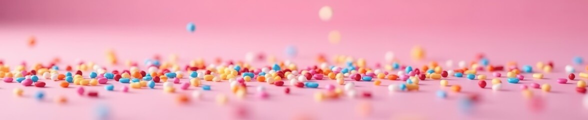 Vibrant sprinkles showering on a soft pink surface, festive, sugar