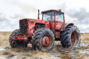 Obraz premium An old red tractor in a field.