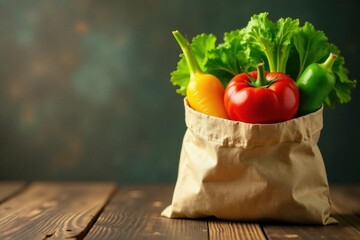 Vibrant veggies in reusable bag, wooden table, reusable bag, vegetables, eco