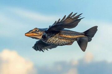 Obraz premium Unique depiction of a fish with wings soaring through a bright blue sky filled with clouds