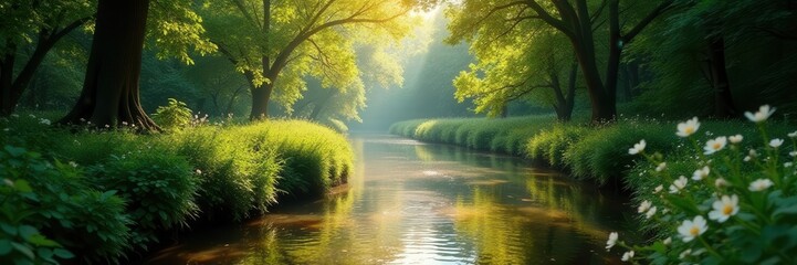Winding riverside path, lush foliage, sunlight dappling, river path, outdoor