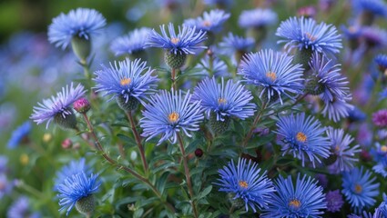 Obraz premium Alpine Aster, decorative garden plant with blue flowers, blooming carpet of asters, nature background with beautiful flowers.