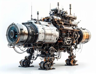 Futuristic Quadrupedal Mech Steampunk Inspired Robot Design A detailed 3D rendering of a complex mechanical walker