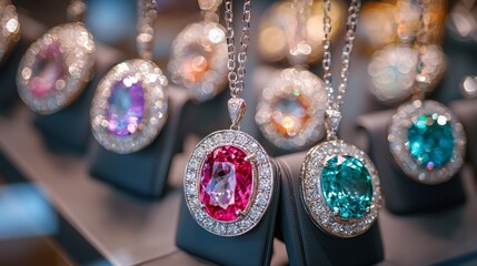 Elegant necklaces and pendants with colorful gemstones displayed in a stylish showcase