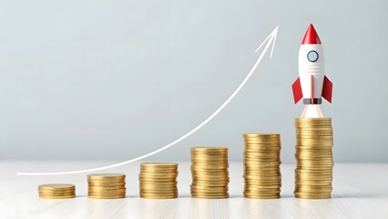 Growth Concept with Coins and Rocket Showing Financial Success