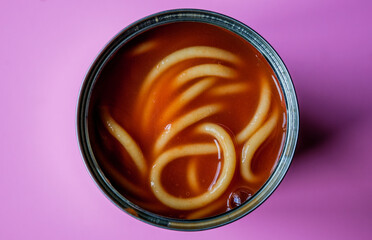  Open Tin or Can Of Italian Style Spaghetti Pasta In Tomato Sauce