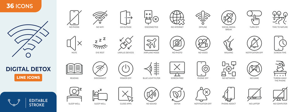 Digital Detox icon set. Containing digital detox, tech detoxification, unplug, no phone, offline, airplane mode, no wifi, and more. Outline Icon Collection. Editable stroke. Vector illustration	