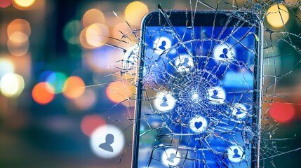 Cracked smartphone screen with distorted social media icons representing misinformation and digital deception, concept of fake news and online fraud in modern society.