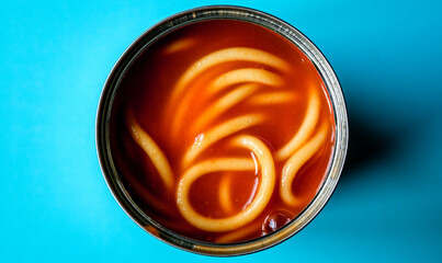  Open Tin or Can Of Italian Style Spaghetti Pasta In Tomato Sauce