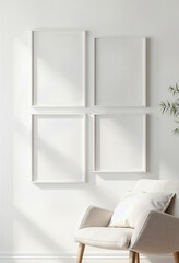 A versatile and elegant wall mockup featuring a grid of four empty white square frames, perfect for showcasing your artwork in a minimalist, sunlit interior setting.
