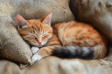 Cat sleeping on couch with pillow.
