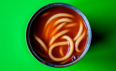  Open Tin or Can Of Italian Style Spaghetti Pasta In Tomato Sauce