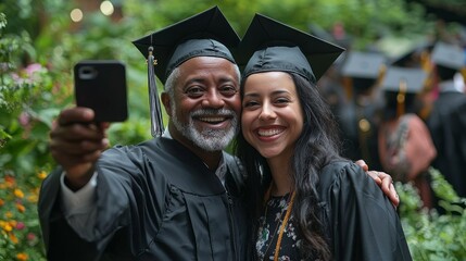 Diverse graduates celebrate their achievements and capture memories with a selfie in caps and gowns at a graduation ceremony