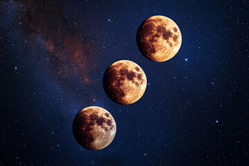 Three full moons shining brightly in a starry night sky