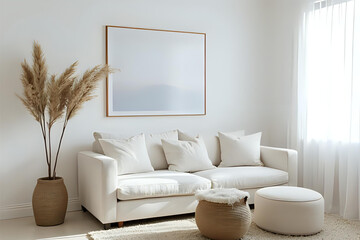 Stylish minimalist living room featuring a white sectional sofa with neutral pillows, elegant indoor plants, abstract wall art, and natural light streaming through sheer curtains