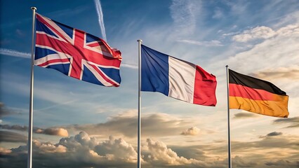 Union jack french and german flags waving in the wind against a dramatic cloudy sky