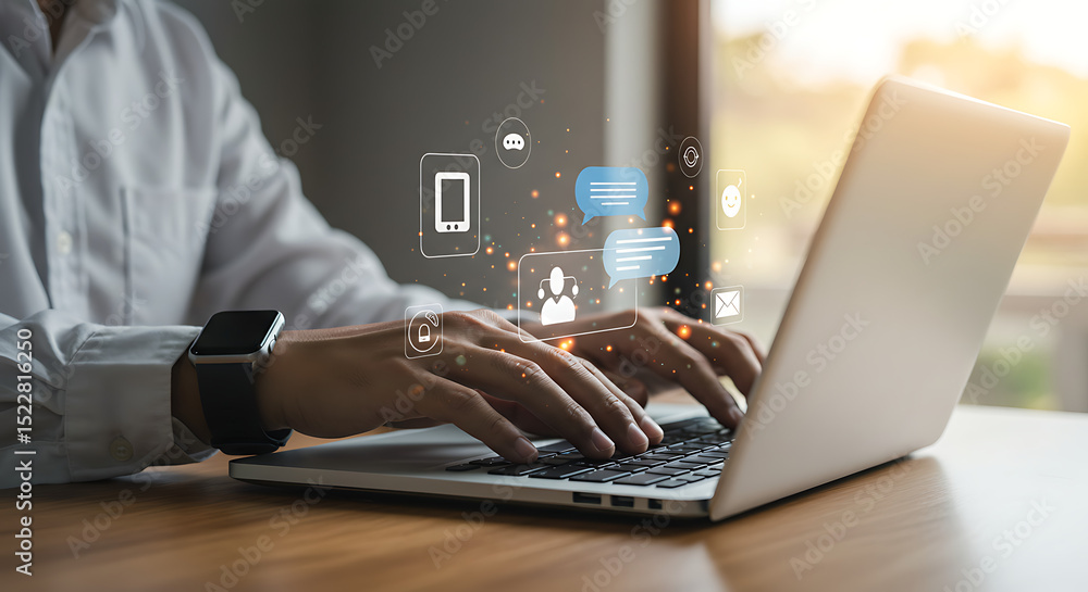 Poster digital communication and connectivity man typing on laptop with emerging social media and messaging