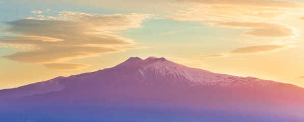 highland mountain landscape of beautiful sunset or sunrise with nice mountain peaks and slopes,...