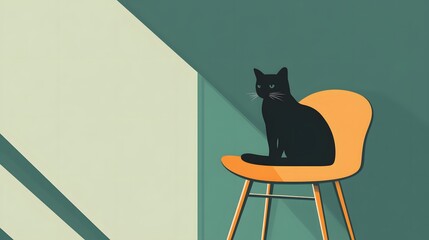 Black Cat Sitting on Orange Chair with Geometric Background