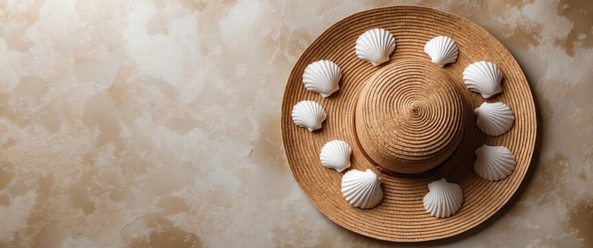 Elegant summer wicker hat with shells on a beige textured background and empty copy space for text