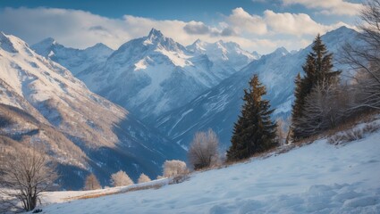 Fototapeta premium Stunning winter mountain landscape featuring snow and trees.