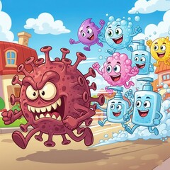 Fototapeta premium Funny Cartoon Corona Virus Chased by Soap and Sanitizer | Virus PNG, Hygiene Poster | Corona virus cartoon | corona cartoon on white background | corona virus