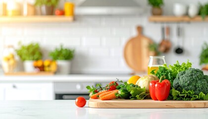 Kitchen countertop with fresh vegetables against a bright, blurred kitchen scene