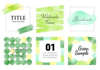 水彩のおしゃれな正方形のベクターフレームセット（緑系・新緑・夏イメージ）