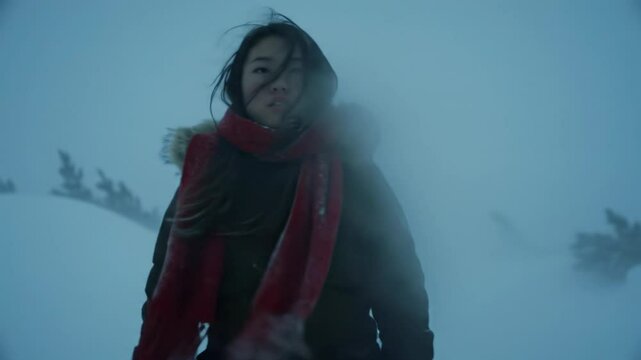 Young woman struggling against strong wind in snowy landscape  