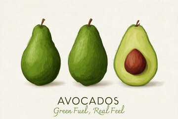 Illustration d'avocats entiers et coup&eacute; en deux avec noyau, art print, vintage, avocados, green fuel real feel, slogan